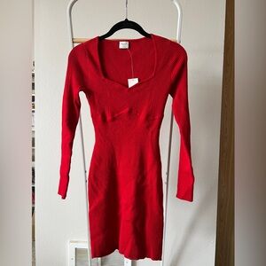 Abercrombie & Fitch Vibrant Red Long-Sleeve Ribbed Dress